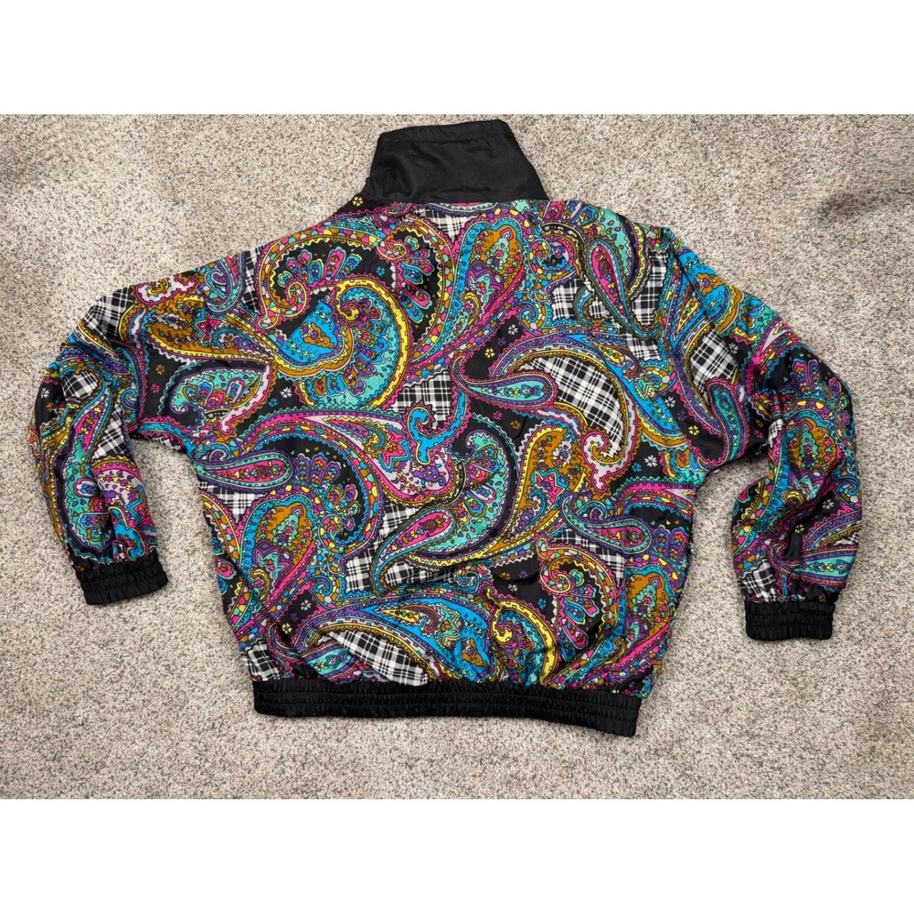 Casual Isle Reversible Windbreaker Jacket Black Multi Paisley Pockets Vintage Sm - Picture 7 of 8